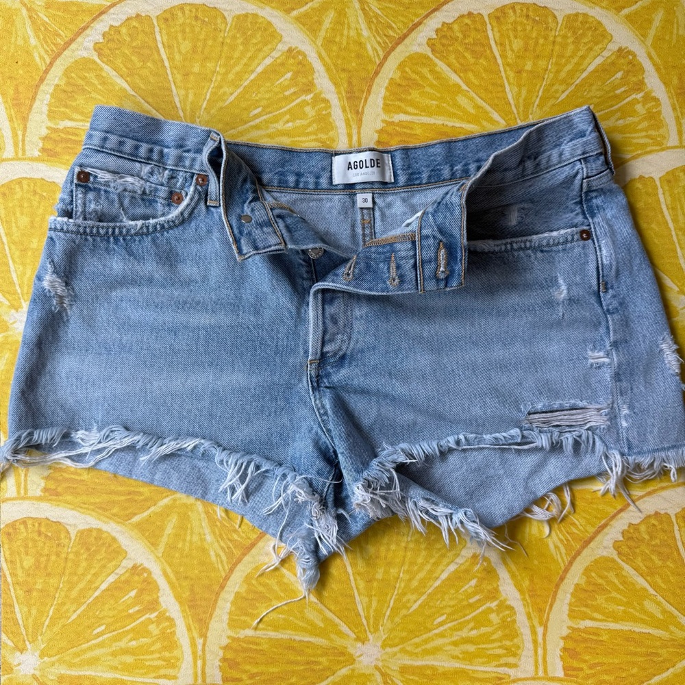 Agolde Parker Light Blue Frayed Hem Distressed Jean Shorts